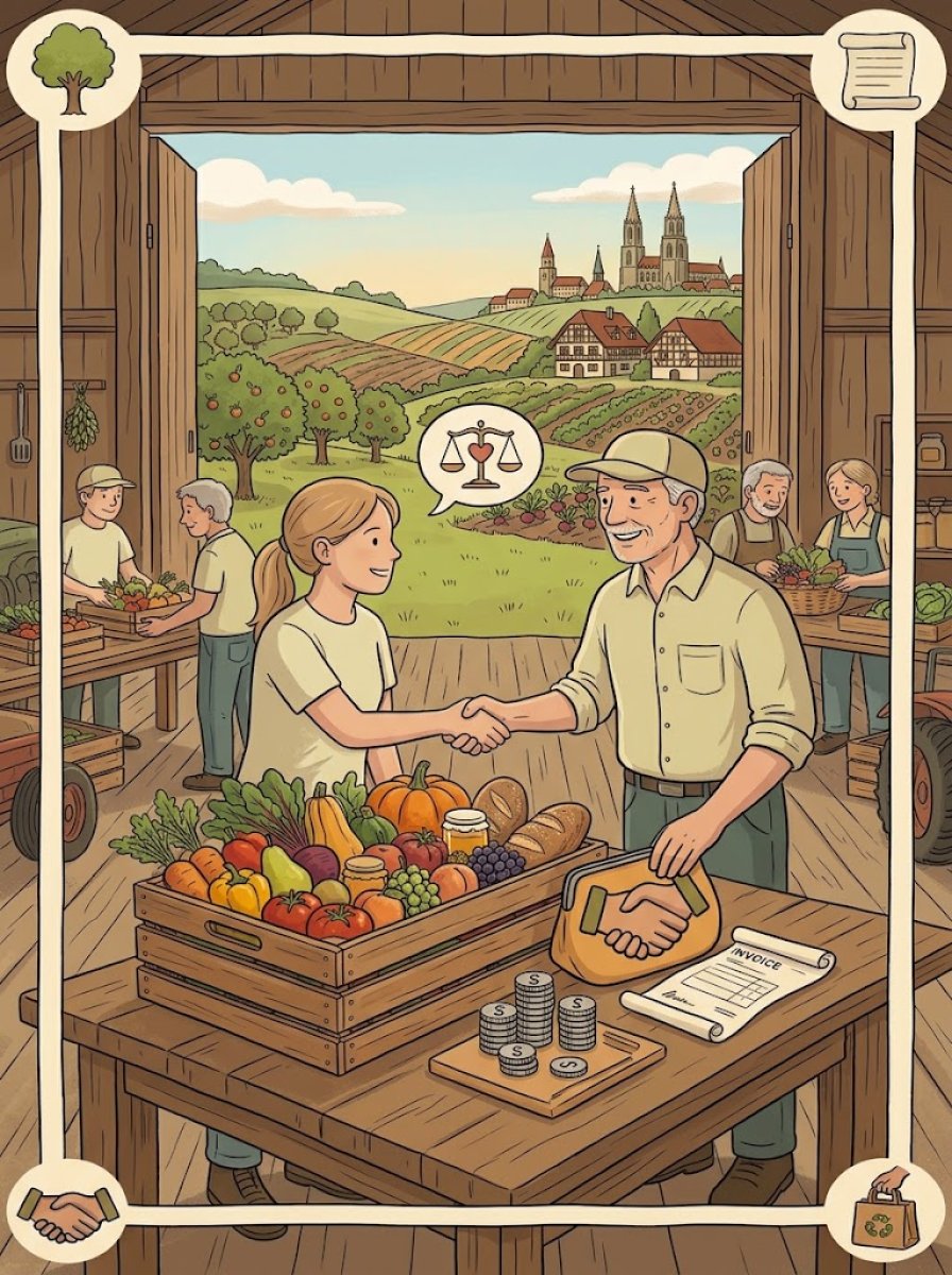 Illustration einer fairen Partnerschaft zwischen Kundin und Landwirt