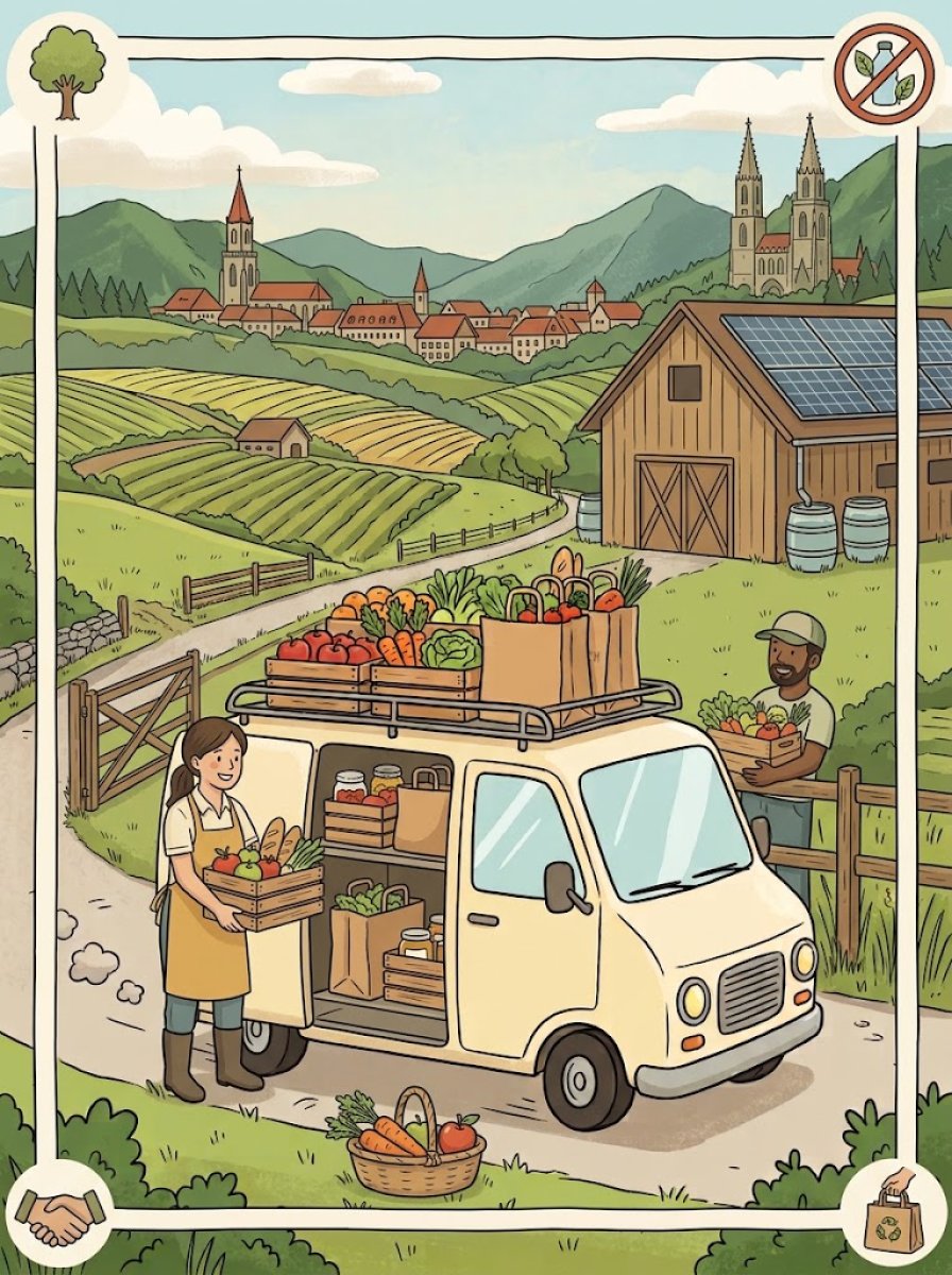 Illustration einer nachhaltigen Lebensmittellieferung vom Bauernhof