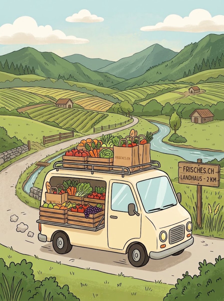 Illustration eines Lieferwagens mit Gemüse und Früchten auf dem Land
