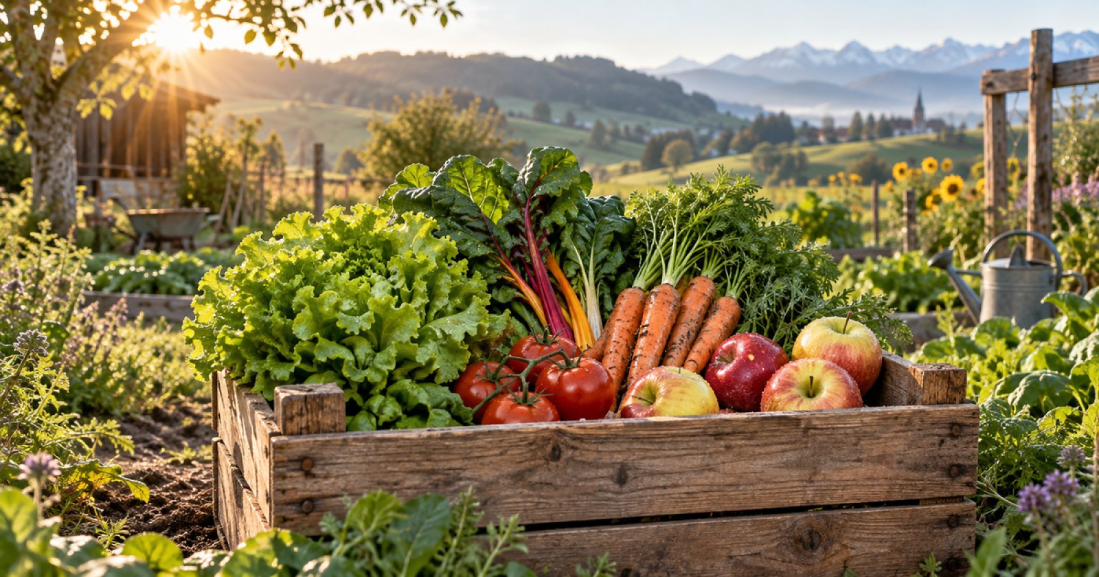 Blühender Gemüse- und Permakulturgarten in der Region Bern