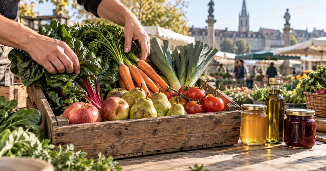 Gemüse, Früchte und Spezialitäten auf einem Marktstand