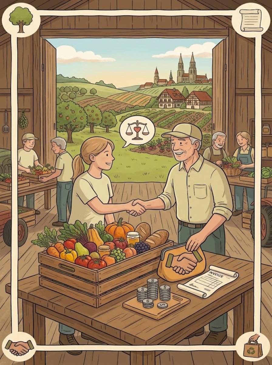 Illustration einer fairen Partnerschaft zwischen Kundin und Landwirt