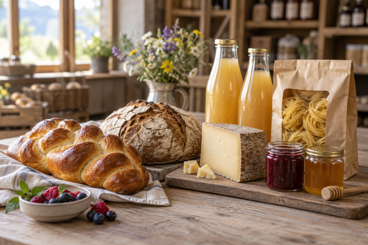 KI-Symbolbild: Zopf, Brot, Käse, Konfitüre, Honig, Apfelsaft und Teigwaren auf einem Hofladentisch